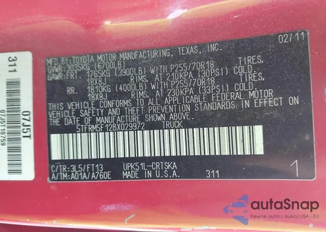 2011 Toyota Tundra Grade 4.6L V8 из США, поврежденный, VIN 5TFRM5F12BX029972